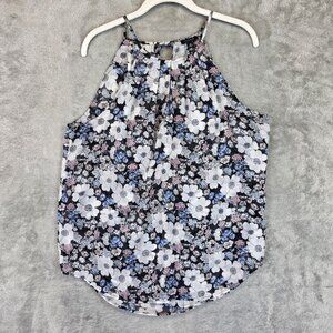 Ann Taylor Blouse Womens Medium Black Floral Halter Sleeveless Lined Keyhole